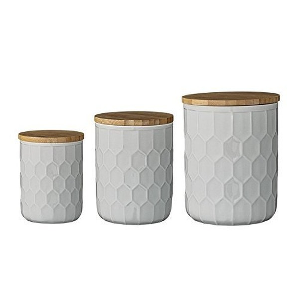 Set mit drei grau Keramik Dosen mit Deckel aus Bambus, Bloomingville